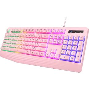 Gaming Keyboard Wired, 7-Color Backlit, 104 Keys Quiet Light Up, Wrist Rest | Rainbow LED Backlit, Wrist Rest, Whisper Silent, Anti-ghosting Multimedia Keys, Waterproof USB Wired Keyboard for PC Mac Xbox in Saudi Arabia