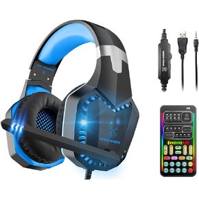 sktome Gaming Voice Changer Headset with Mic, Cool LED Light Over-Ear Headphones with Volume Control, Noise Reduction Voice Changer Gaming Headset for PS4/PS5/Xbox One/PC/Phone/Laptops(Blue)