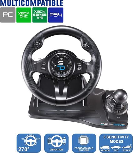 سوبر درايف - عجلة قيادة سباق GS550 مع الدواسات، ناقل التجديف، ناقل الحركة والاهتزاز لإكس بوكس Serie X/S، PS4، إكس بوكس ون، الكمبيوتر الشخصي (قابل للبرمجة لجميع اللعب) (إكس بوكس سيريز اكس///) in Kuwait