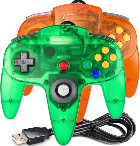2 حزمة وحدة تحكم USB N64، لوحة ألعاب سلكية للكمبيوتر الشخصي [عصا تناظرية ثلاثية الأبعاد] لأجهزة الكمبيوتر التي تعمل بنظام Windows PC iOS MAC Linux Raspberry Pi Genesis Higan Project 64 Retropie OpenEmu Emulator (التوصيل والتشغيل) (أخضر شفاف/برتقالي شفاف) in Kuwait
