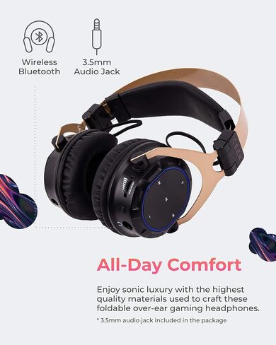 CEEK Wireless Bluetooth Headphones Over Ear with Noise Cancelling, 360° Surround Sound, Foldable Design & Detachable Mic - Headphones for Gym, Gaming, Music & Travel with Earth Shaking Bass - Gold. in Kuwait
