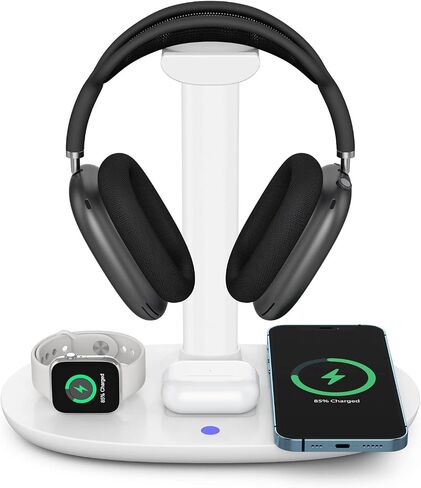 Headphone Stand with 15w Wireless Charger, Suguder 4 in 1 Charging Station Headset Holder for AirPods Max/Pro/4/3/2 iWatch 10/9/8/7/6/5/4/3/2/1/SE iPhone 17/16/15/14/13/12/11/X for Desktop Table Game in Kuwait