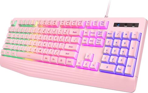 Gaming Keyboard Wired, 7-Color Backlit, 104 Keys Quiet Light Up, Wrist Rest | Rainbow LED Backlit, Wrist Rest, Whisper Silent, Anti-ghosting Multimedia Keys, Waterproof USB Wired Keyboard for PC Mac Xbox in Kuwait