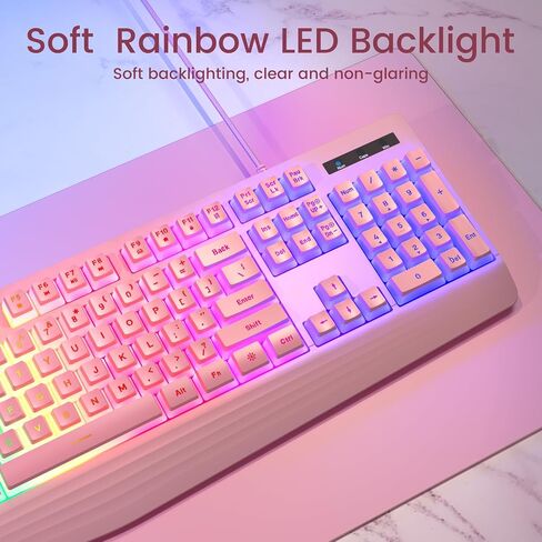 Gaming Keyboard Wired, 7-Color Backlit, 104 Keys Quiet Light Up, Wrist Rest | Rainbow LED Backlit, Wrist Rest, Whisper Silent, Anti-ghosting Multimedia Keys, Waterproof USB Wired Keyboard for PC Mac Xbox in Kuwait
