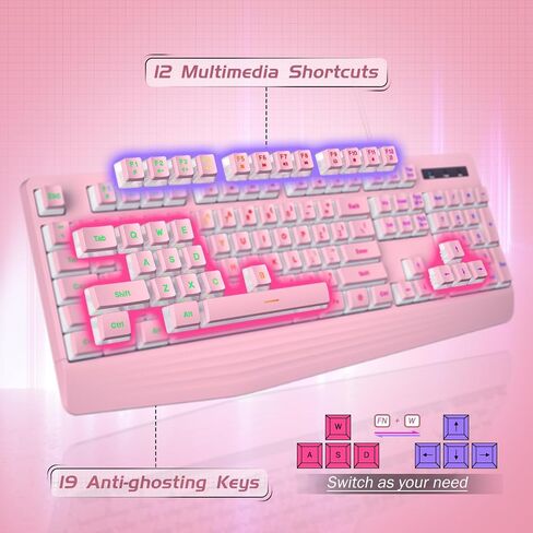 Gaming Keyboard Wired, 7-Color Backlit, 104 Keys Quiet Light Up, Wrist Rest | Rainbow LED Backlit, Wrist Rest, Whisper Silent, Anti-ghosting Multimedia Keys, Waterproof USB Wired Keyboard for PC Mac Xbox in Kuwait