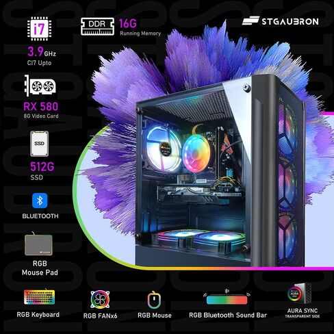 STGAubron Gaming PC Bundle with 24Inch FHD LED Monitor-Intel core I7 3.4G up to 3.9G,Radeon RX 580 8G GDDR5,16G,512G SSD,WiFi,BT 5.0,RGB Keybaord&Mouse&Mouse Pad,RGB BT Sound Bar,W10H64 in Saudi Arabia