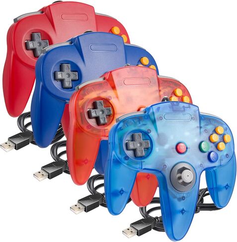 4 Pack PC USB N64 Controller, SAFFUN N64 Wired Gamepad [3D Analog Stick] for Windows PC MAC Linux Raspberry Pi Project 64 Retropie OpenEmu Emulator (Plug & Play) (Blue/Red/Clear Red/Clear Blue) in Saudi Arabia