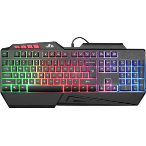 Rii كيبورد العاب RK202 RGB متعددة الالوان باضاءة خلفية LED بالوان قوس قزح، كيبورد العاب سلكي USB، كيبورد 104 مفتاح صامتة مع مسند معصم لاجهزة الكمبيوتر بنظام ويندوز وماك (اسود) in Saudi Arabia