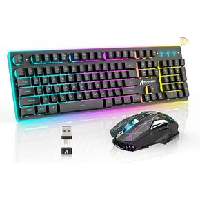 A.JAZZ Wireless Gaming Keyboard and Mouse Combo,Full Size 12 RGB Chroma Backlit Keyboard,Rechargeable 4200mAh Mechanical Feel USB/Type-C Dual Receiver Silent Mice,for PC,Mac,Laptop,PS4,Xbox,Black