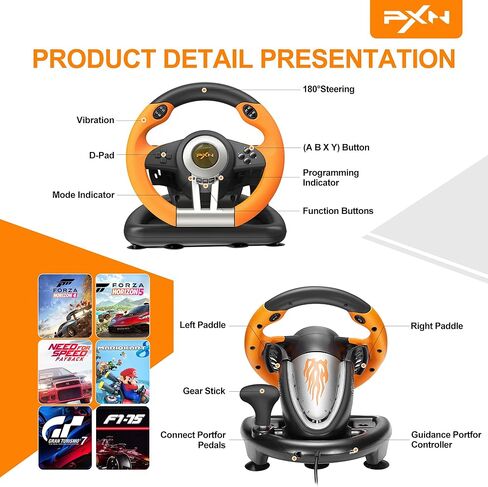 عجلة سباق PXN V3II - عجلة قيادة للألعاب للكمبيوتر الشخصي، عجلة قيادة 180 درجة Volante PC Universal Usb Car Racing مع دواسة لأجهزة PS4، PC، PS3 (أزرق) in Kuwait