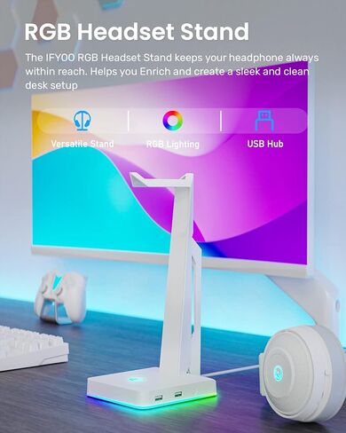 حامل سماعة ألعاب IFYOO RGB مع منفذي USB، حامل سماعة رأس للألعاب للكمبيوتر الشخصي، Xbox One، PS4، Switch، حامل سماعة الأذن، رائع لمحطات الألعاب، ملحقات ألعاب المكتب الفاخرة، أبيض in Kuwait