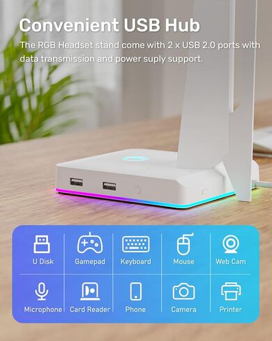 حامل سماعة ألعاب IFYOO RGB مع منفذي USB، حامل سماعة رأس للألعاب للكمبيوتر الشخصي، Xbox One، PS4، Switch، حامل سماعة الأذن، رائع لمحطات الألعاب، ملحقات ألعاب المكتب الفاخرة، أبيض in Kuwait