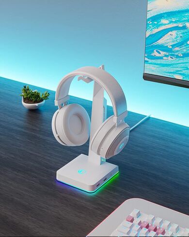 حامل سماعة ألعاب IFYOO RGB مع منفذي USB، حامل سماعة رأس للألعاب للكمبيوتر الشخصي، Xbox One، PS4، Switch، حامل سماعة الأذن، رائع لمحطات الألعاب، ملحقات ألعاب المكتب الفاخرة، أبيض in Kuwait