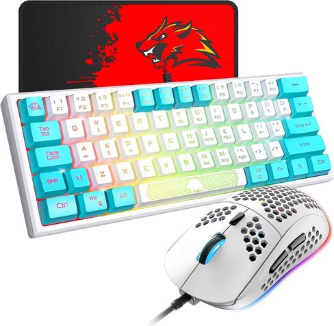 60% Gaming Keyboard and Mouse Combo Samll Mini RGB Backlight Mechanical Feeling and Mechanical RGB 6400 DPI Honeycomb Optical Mouse,Gaming Mouse pad for Gamers and Typists (White & Blue) in Kuwait