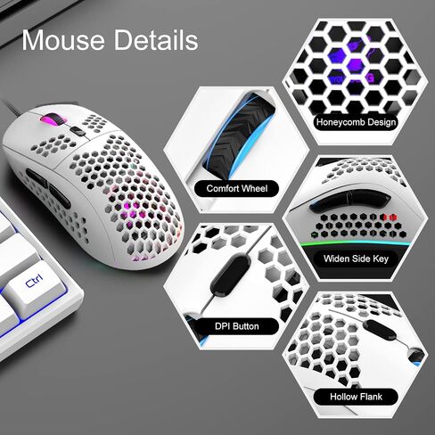 60% Gaming Keyboard and Mouse Combo Samll Mini RGB Backlight Mechanical Feeling and Mechanical RGB 6400 DPI Honeycomb Optical Mouse,Gaming Mouse pad for Gamers and Typists (White & Blue) in Kuwait