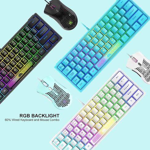 60% Gaming Keyboard and Mouse Combo Samll Mini RGB Backlight Mechanical Feeling and Mechanical RGB 6400 DPI Honeycomb Optical Mouse,Gaming Mouse pad for Gamers and Typists (White & Blue) in Kuwait