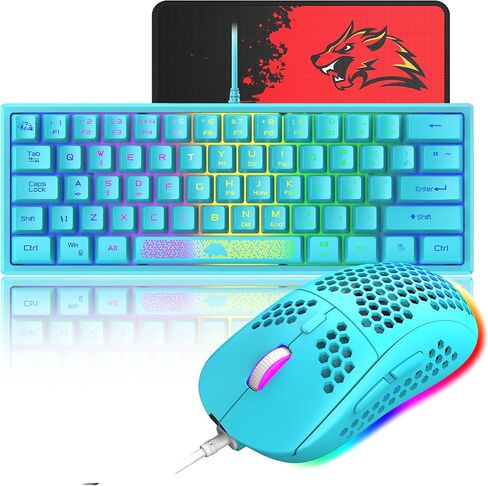 60% Gaming Keyboard and Mouse Combo Samll Mini RGB Backlight Mechanical Feeling and Mechanical RGB 6400 DPI Honeycomb Optical Mouse,Gaming Mouse pad for Gamers and Typists (White & Blue) in Kuwait