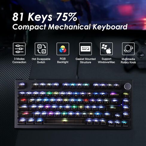 ايزي اس ام اكس كيبورد العاب مخصصة 75% بالحجم الكامل RGB معياري يمكنك تركيبها بنفسك، 81 مفتاح التبديل السريع 3 دبابيس/5 دبابيس، وضع ثلاثي قابل للبرمجة/بلوتوث/سلكي/اتصال لاسلكي 2.4GHz in Saudi Arabia