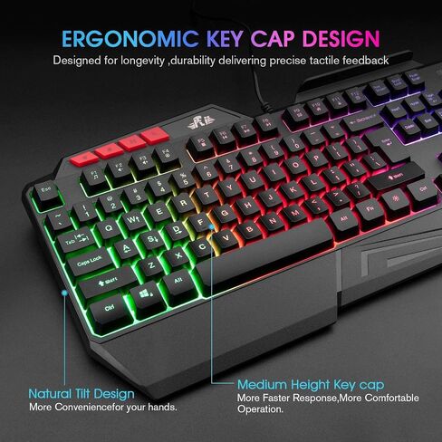 Rii كيبورد العاب RK202 RGB متعددة الالوان باضاءة خلفية LED بالوان قوس قزح، كيبورد العاب سلكي USB، كيبورد 104 مفتاح صامتة مع مسند معصم لاجهزة الكمبيوتر بنظام ويندوز وماك (اسود) in Saudi Arabia