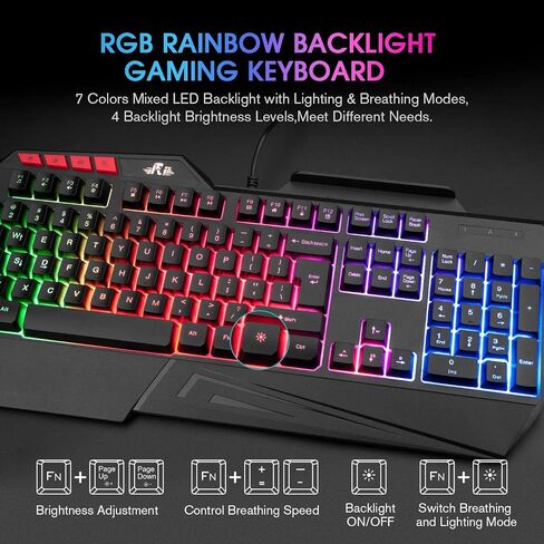 Rii كيبورد العاب RK202 RGB متعددة الالوان باضاءة خلفية LED بالوان قوس قزح، كيبورد العاب سلكي USB، كيبورد 104 مفتاح صامتة مع مسند معصم لاجهزة الكمبيوتر بنظام ويندوز وماك (اسود) in Saudi Arabia
