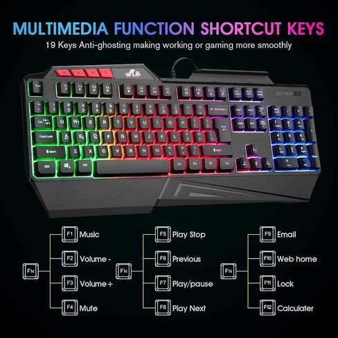 Rii كيبورد العاب RK202 RGB متعددة الالوان باضاءة خلفية LED بالوان قوس قزح، كيبورد العاب سلكي USB، كيبورد 104 مفتاح صامتة مع مسند معصم لاجهزة الكمبيوتر بنظام ويندوز وماك (اسود) in Saudi Arabia
