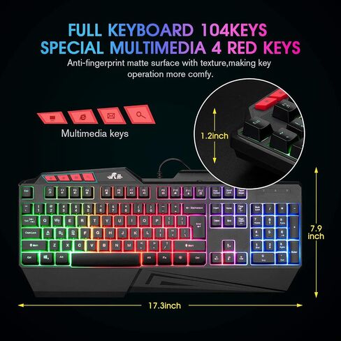 Rii كيبورد العاب RK202 RGB متعددة الالوان باضاءة خلفية LED بالوان قوس قزح، كيبورد العاب سلكي USB، كيبورد 104 مفتاح صامتة مع مسند معصم لاجهزة الكمبيوتر بنظام ويندوز وماك (اسود) in Saudi Arabia