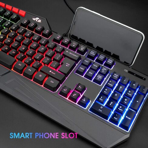 Rii كيبورد العاب RK202 RGB متعددة الالوان باضاءة خلفية LED بالوان قوس قزح، كيبورد العاب سلكي USB، كيبورد 104 مفتاح صامتة مع مسند معصم لاجهزة الكمبيوتر بنظام ويندوز وماك (اسود) in Saudi Arabia