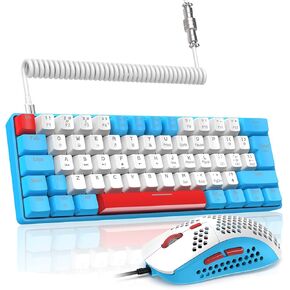 LexonElec T60PRO 60% Mechanical Keyboard and Mouse Combo+Coiled USB C Cable, Compact RGB LED Backlit Keyboard, Linear Red Switch, 6400 DPI Programmable RGB Mouse for PC Mac Gamer(Blue&White)