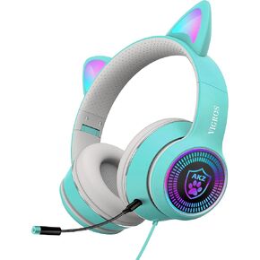 سماعات الرأس VIGROS Cat Ear للألعاب السلكية AUX 3.5 مم LED، سماعات رأس للألعاب بخاصية إلغاء الضوضاء، سماعات رأس ستيريو قابلة للطي فوق الأذن مع ميكروفون تناسب الفتيات والأطفال للكمبيوتر الشخصي، PS4، Switch، Xbox، المحمول، الكمبيوتر المحمول in Kuwait