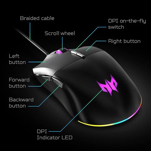 Acer Nitro Gaming Mouse III | RGB Wired Gaming Mouse | 6 Buttons | Adjustable DPI (800–7200) | Ergonomic Design | Plug & Play for Gamers & Students, Casual Gaming & PC Setup Upgrade in Kuwait