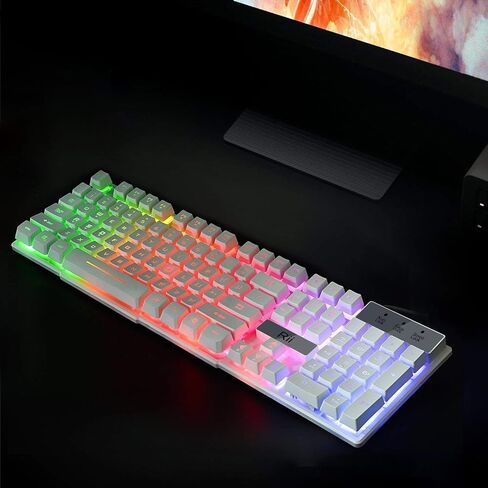 Rii لوحة مفاتيح وسائط متعددة سلكية بمنفذ USB من Rii RK100S باضاءة خلفية LED بالوان قوس قزح، لون ابيض in Kuwait