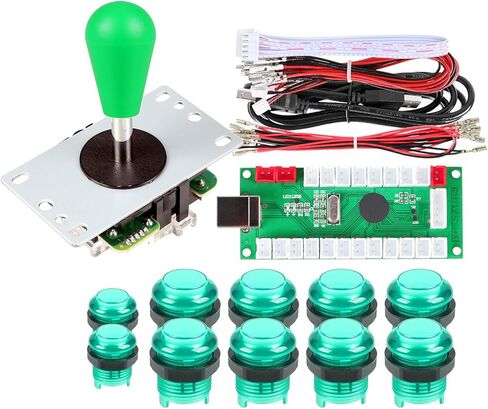 Avisiri 1 Player Arcade Buttons Joystick DIY Kit Parts تتضمن 1x Ellipse Balltop Handle Stick 10x LED Arcade Button 1x USB Encoder Controller للكمبيوتر الشخصي MAME Raspberry Pi Windows (أخضر) in Kuwait