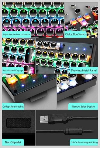 تيشلد كيبورد العاب ميكانيكي باضاءة خلفية LED بالوان قوس قزح بالوان قوس قزح مع 104 مفتاح نقر ازرق ريترو ستيمبنك بغطاء معدني مضيء بمنفذ USB للكمبيوتر وماك واللابتوب - اسود in Kuwait