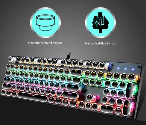 تيشلد كيبورد العاب ميكانيكي باضاءة خلفية LED بالوان قوس قزح بالوان قوس قزح مع 104 مفتاح نقر ازرق ريترو ستيمبنك بغطاء معدني مضيء بمنفذ USB للكمبيوتر وماك واللابتوب - اسود in Kuwait