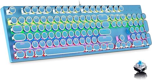 Typewriter Style Mechanical Gaming Keyboard, Blue Retro Punk Gaming Keyboard with 9 True RGB Backlight Modes, 104 Keys Blue Switch Wired Cute Keyboard, Round Keycaps for Windows/Mac/PC in Kuwait