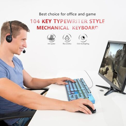 Typewriter Style Mechanical Gaming Keyboard, Blue Retro Punk Gaming Keyboard with 9 True RGB Backlight Modes, 104 Keys Blue Switch Wired Cute Keyboard, Round Keycaps for Windows/Mac/PC in Kuwait
