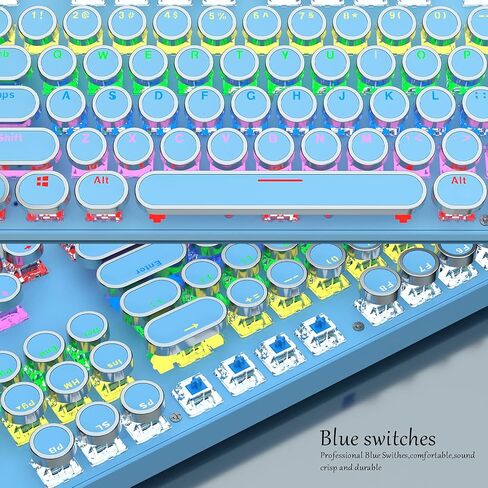 Typewriter Style Mechanical Gaming Keyboard, Blue Retro Punk Gaming Keyboard with 9 True RGB Backlight Modes, 104 Keys Blue Switch Wired Cute Keyboard, Round Keycaps for Windows/Mac/PC in Kuwait