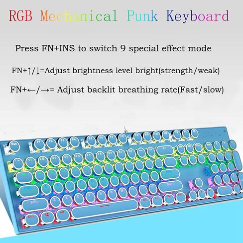 Typewriter Style Mechanical Gaming Keyboard, Blue Retro Punk Gaming Keyboard with 9 True RGB Backlight Modes, 104 Keys Blue Switch Wired Cute Keyboard, Round Keycaps for Windows/Mac/PC in Kuwait