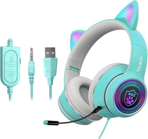 Cat Ear Gaming Headphones Wired AUX 3.5mm LED Light, Noise Canceling Game Headphones Stereo Foldable Over-Ear Headsets with Microphone Fit Girls, Kids for PC, PS4, Switch, Xbox, Mobile, Laptop in Kuwait