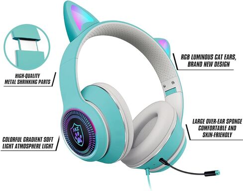 Cat Ear Gaming Headphones Wired AUX 3.5mm LED Light, Noise Canceling Game Headphones Stereo Foldable Over-Ear Headsets with Microphone Fit Girls, Kids for PC, PS4, Switch, Xbox, Mobile, Laptop in Kuwait