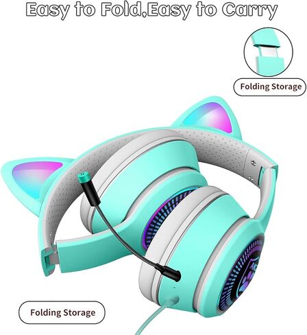 Cat Ear Gaming Headphones Wired AUX 3.5mm LED Light, Noise Canceling Game Headphones Stereo Foldable Over-Ear Headsets with Microphone Fit Girls, Kids for PC, PS4, Switch, Xbox, Mobile, Laptop in Kuwait