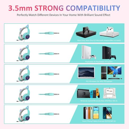 Cat Ear Gaming Headphones Wired AUX 3.5mm LED Light, Noise Canceling Game Headphones Stereo Foldable Over-Ear Headsets with Microphone Fit Girls, Kids for PC, PS4, Switch, Xbox, Mobile, Laptop in Kuwait