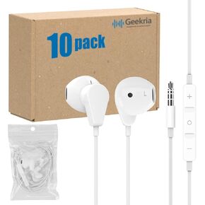GEEKRIA Bulk Wired Earbuds 10 Pack, 3.5mm Stereo Headphones with Microphone & Volume Control, Semi in-Ear Earphones for Students, School, Office, Library, White in Kuwait