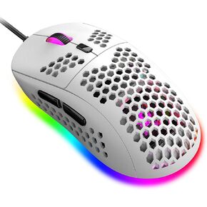 ماوس ألعاب خفيف الوزن مع غطاء مريح على شكل قرص العسل 6 وضع إضاءة خلفية RGB و7 أزرار قابلة للبرمجة وقابل للتعديل بمستشعر بصري 6400 نقطة في البوصة وكابل USB سلكي فائق النسج لأجهزة الكمبيوتر PC MAC (أبيض) in Kuwait