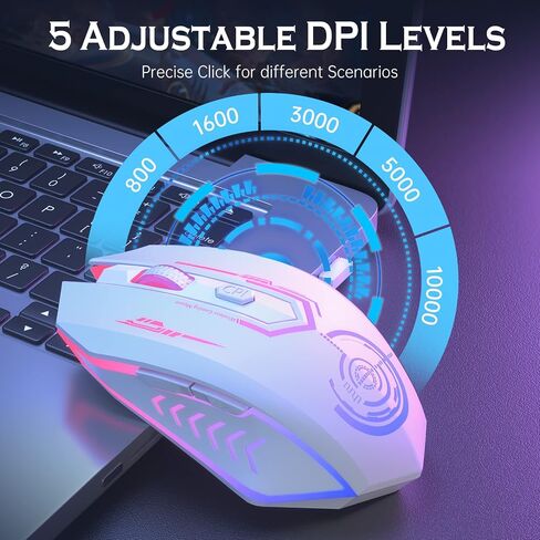 UHURU Wireless Gaming Mouse, Rechargeable 10000 DPI LED PC Mouse | ergonomic shell, 6 programmable buttons, 7 LED color modes, MMO RPG play, laptop/desktop use, Windows and Mac compatible in Kuwait