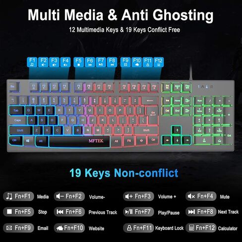 مجموعة لوحة مفاتيح وماوس الألعاب بألوان قوس قزح، لوحة مفاتيح الألعاب MFTEK ذات الإضاءة الخلفية و4 ألوان مضاء مع لوحة ماوس للكمبيوتر الشخصي والكمبيوتر المحمول in Kuwait