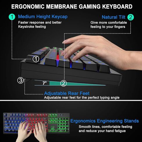 مجموعة لوحة مفاتيح وماوس الألعاب بألوان قوس قزح، لوحة مفاتيح الألعاب MFTEK ذات الإضاءة الخلفية و4 ألوان مضاء مع لوحة ماوس للكمبيوتر الشخصي والكمبيوتر المحمول in Kuwait