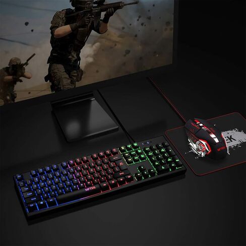 مجموعة لوحة مفاتيح وماوس الألعاب بألوان قوس قزح، لوحة مفاتيح الألعاب MFTEK ذات الإضاءة الخلفية و4 ألوان مضاء مع لوحة ماوس للكمبيوتر الشخصي والكمبيوتر المحمول in Kuwait
