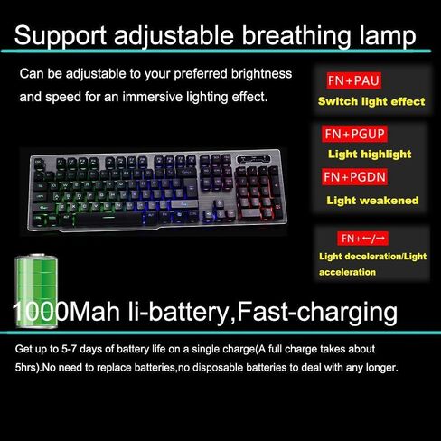 Rechargeable Backlit Keyboard,2.4G Wireless Illuminated Mechanical Feel Gaming Keyboard Suspended Keycap,Fast Charging,Adjustable Breathing Lamp,Anti-ghosting,12 Multimedia Keys (White-Without Mouse) in Saudi Arabia
