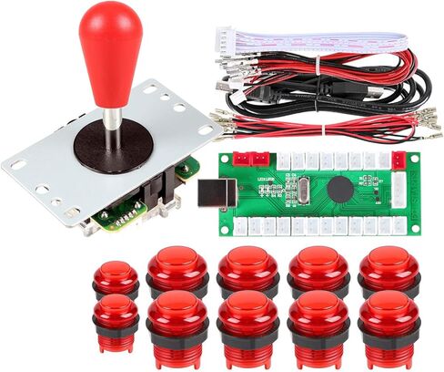 Avisiri 1 Player Arcade Buttons Joystick DIY Kit Parts Include 1x Ellipse Balltop Handle Stick 10x LED Arcade Button 1x USB Encoder Controller for PC MAME Raspberry Pi Windows (Red) in Kuwait